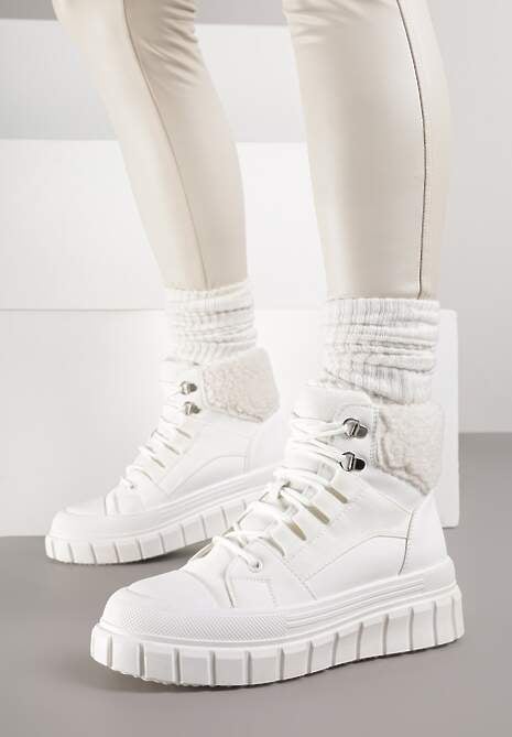Białe Botki na Grubej Podeszwie z Futerkiem Nemda