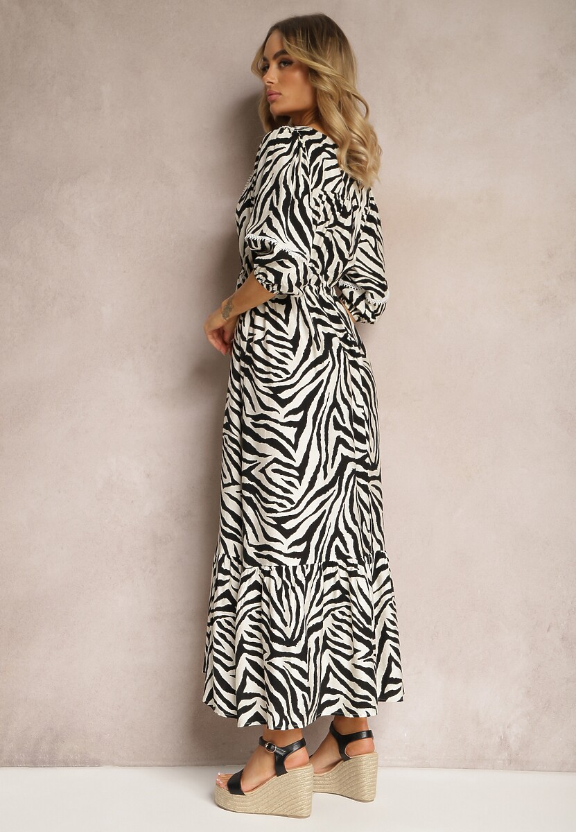 Czarno-Biała Sukienka z Wiskozy i Bawełny Ozdobiona Falbaną i Sznurkiem w Pasie Vantia