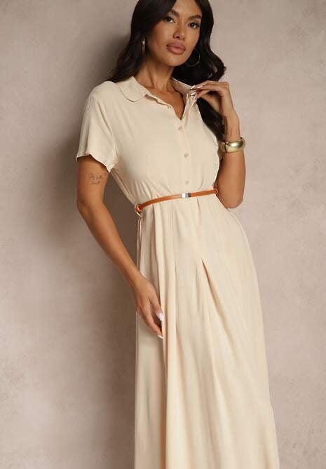 Beżowa Koszulowa Sukienka z Wiskozy z Cienkim Paskiem Filanella