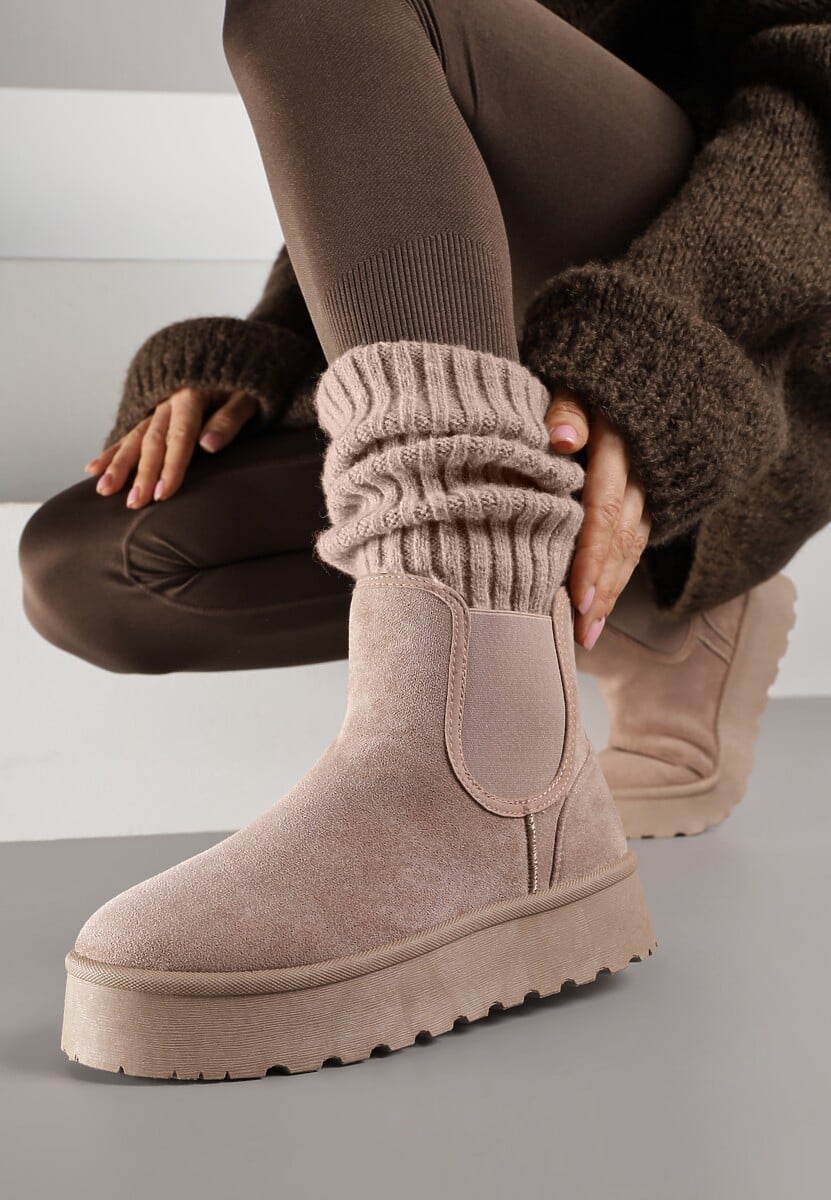 Ciemnobeżowe Śniegowce na Platformie Typu Sztyblety Ahelina