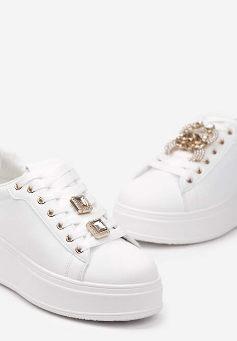 Biało-Złote Sneakersy z Platformą i Odpinanymi Biżuteryjnymi Aplikacjami na Sznurówkach Tamaki