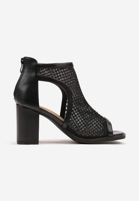 Czarne Siateczkowe Sandały Stylizowane na Botki na Obcasie z Cyrkoniami Senarila