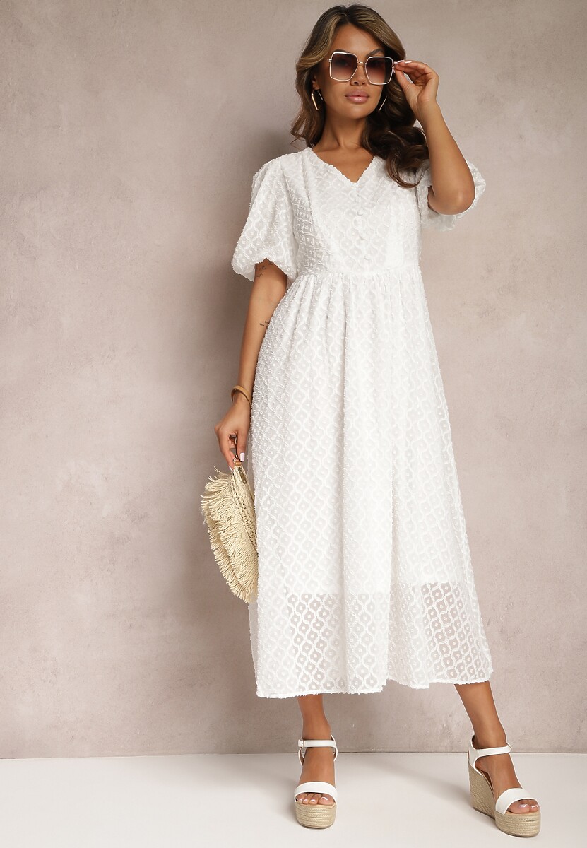 Biała Rozkloszowana Sukienka Haftowana Maxi z Krótkim Rękawem Garneta