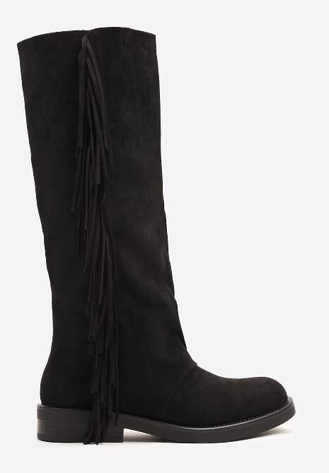 Czarne Kozaki z Imitacji Zamszu w Estetyce Boho Zdobione Frędzlami Vemarose