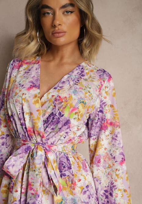 Fioletowy Kopertowy Kombinezon z Wiązanym Paskiem i Rozszerzanymi Rękawami Telurea