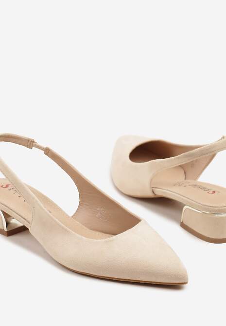 Beżowe Sandały Typu Slingback ze Skórzaną Wkładką i Metaliczną Wstawką Wevessa