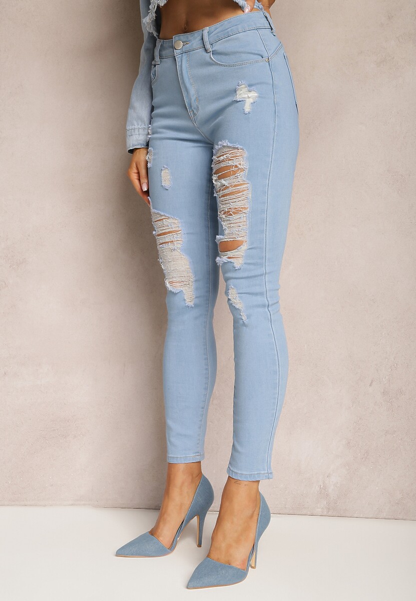 Niebieskie Jeansy Skinny High Waist z Przetarciami i Dziurami Aventoa