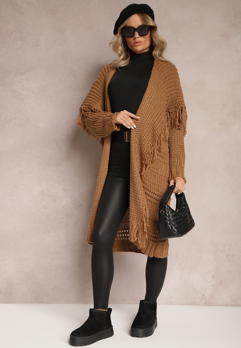 Czarny Niezapinany Kardigan o Długim Kroju z Frędzlami Finantia