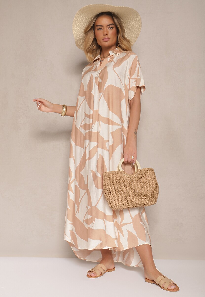 Brązowa Rozkloszowana Sukienka w Abstrakcyjny Wzór z Bawełną Telianiela