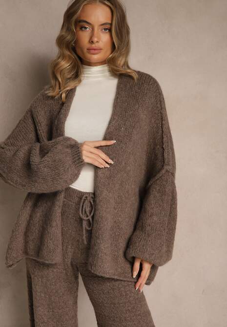 Jasnobrązowy Niezapinany Kardigan Nietoperzowy z Dodatkiem Wełny i Wiskozy Rallidia