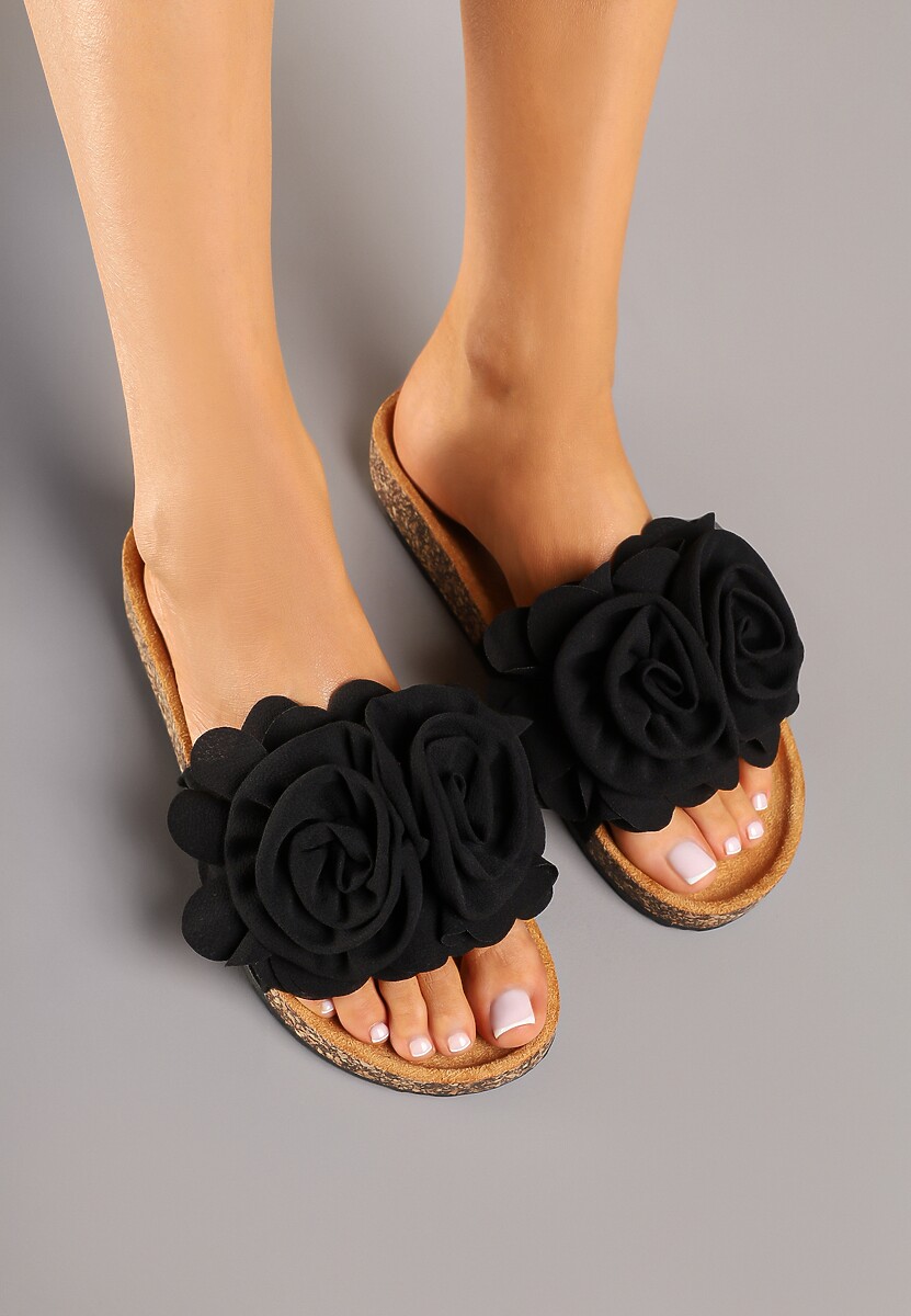 Czarne Klapki na Platformie z Korka Ozdobione Kwiatami 3D Meralira