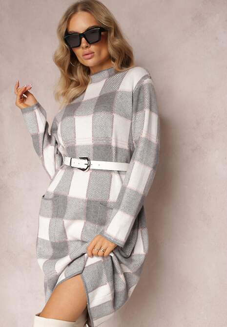 Szara Sukienka o Pudełkowym Fasonie z Sweterkowej Dzianiny w Kratkę Einestia