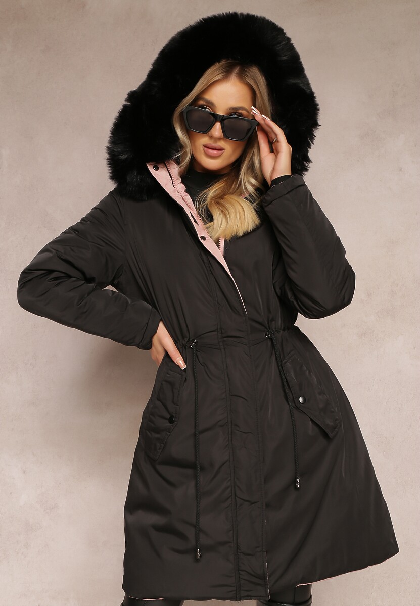 Różowa Dwustronna Kurtka ze Ściągaczem i Kapturem z Futerkiem Divya