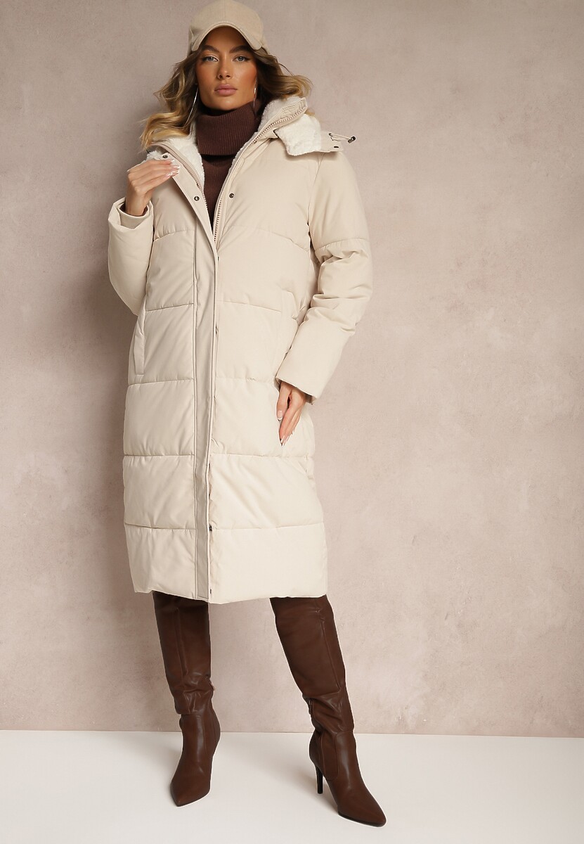 Czarna Pikowana Kurtka o Długim Kroju z Odpinanym Kapturem i Kieszeniami Etanore