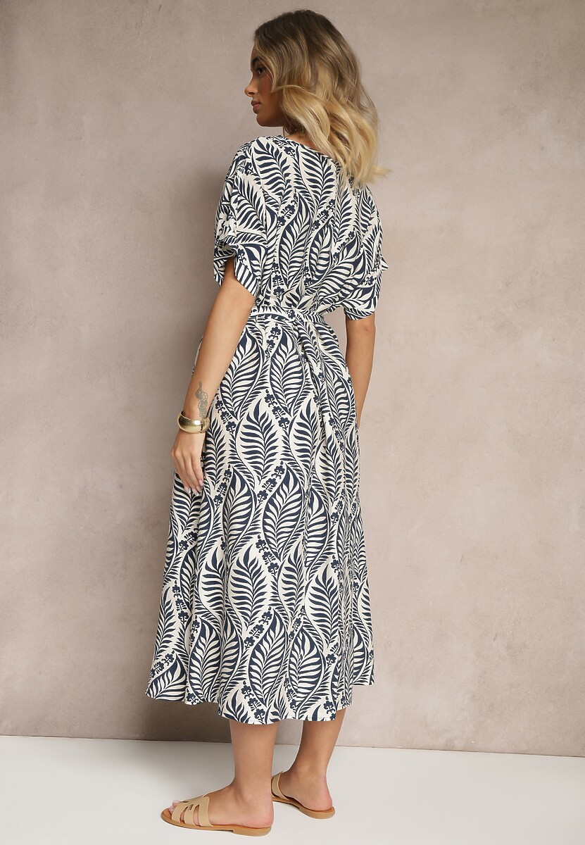 Granatowa Sukienka z Wiskozy Ozdobiona Paskiem i Motywem Liści Belozi