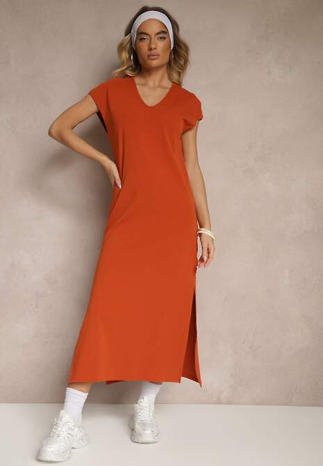 Pomarańczowa Sukienka z Bawełny o Pudełkowym Kroju i Dekolcie w V i Rozcięciami Natindra
