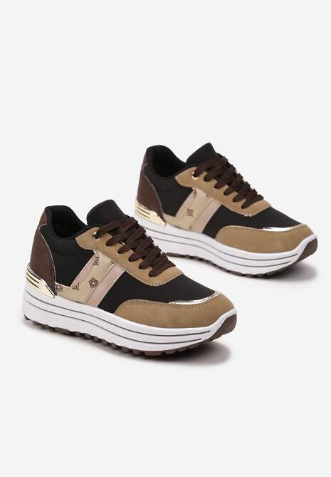 Brązowe Sneakersy z Dekoracyjnymi Wstawkami na Platformie w Paski Letorra