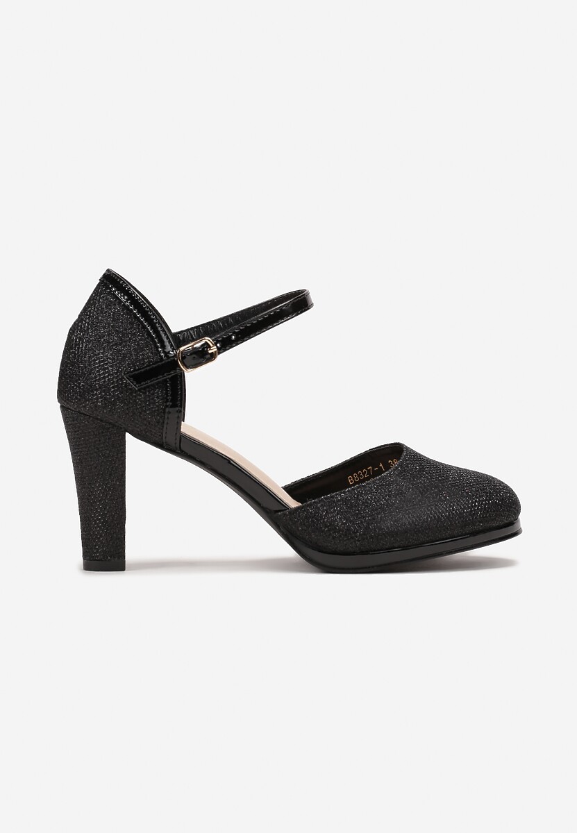 Czarne Czółenka na Słupku z Okrągłymi Noskami Ozdobione Brokatem Nerila