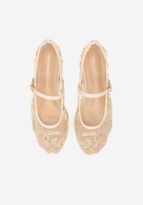 Beżowe Balerinki Siateczkowe z Haftami i Sprzączką Diviaria