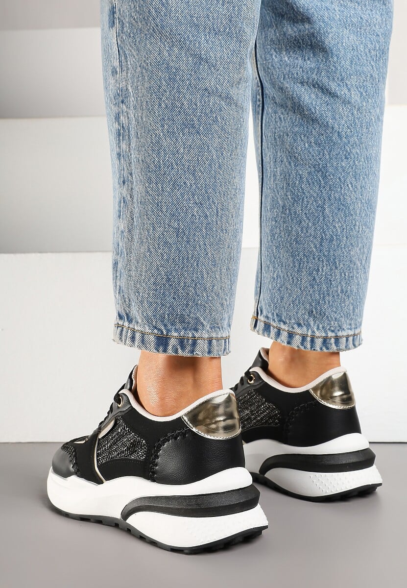 Czarne Sneakersy na Platformie ze Wstawkami z Plecionki Ninatia