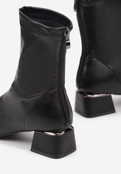 Czarne Eleganckie Botki VICES Skarpetkowe na Klocku z Metalicznym Zdobieniem Rivite