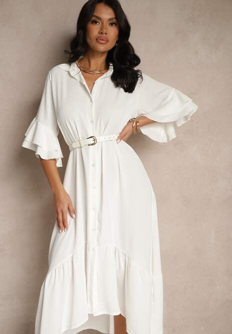 Biała Koszulowa Sukienka Ozdobiona Falbanką Ransara