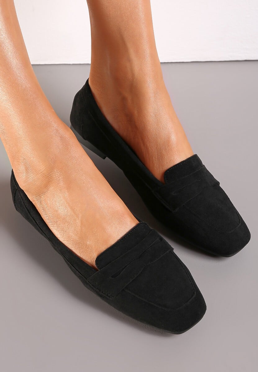 Złote Mokasyny z Kwadratowym Noskiem z Imitacji Zamszu Lalina