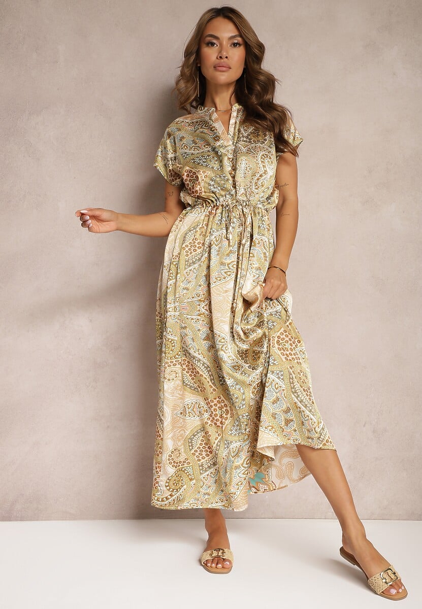 Różowo-Beżowa Sukienka Boho o Rozkloszowanym Kroju Ściągana w Talii Dimirrah