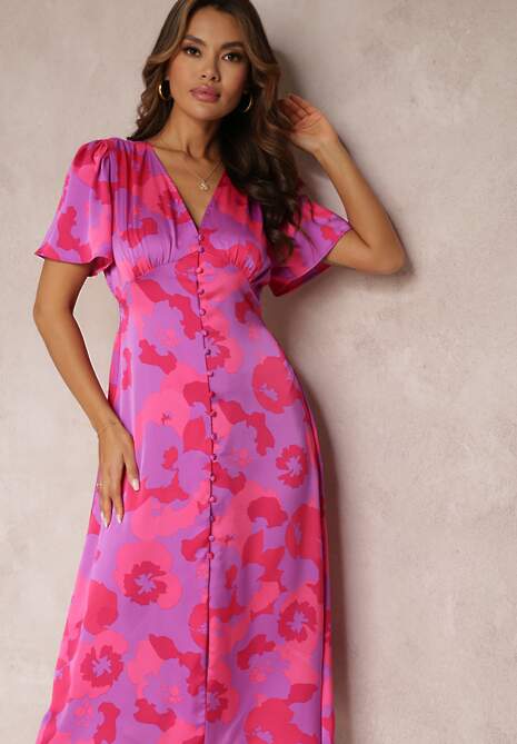 Fioletowa Rozkloszowana Sukienka na Guziki w Kwiaty Meliar