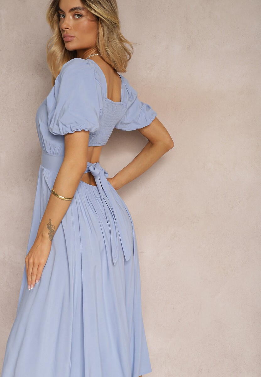 Czarna Wiskozowa Sukienka o Rozkloszowanym Kroju z Wycięciem na Plecach i Wiązaniem Dimiella