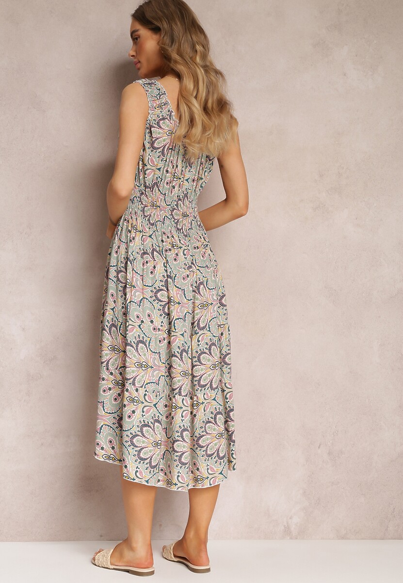 Miętowo-Różowa Kwiecista Sukienka Midi z Cienkimi Gumkami w Talii i Falbankami Jallia