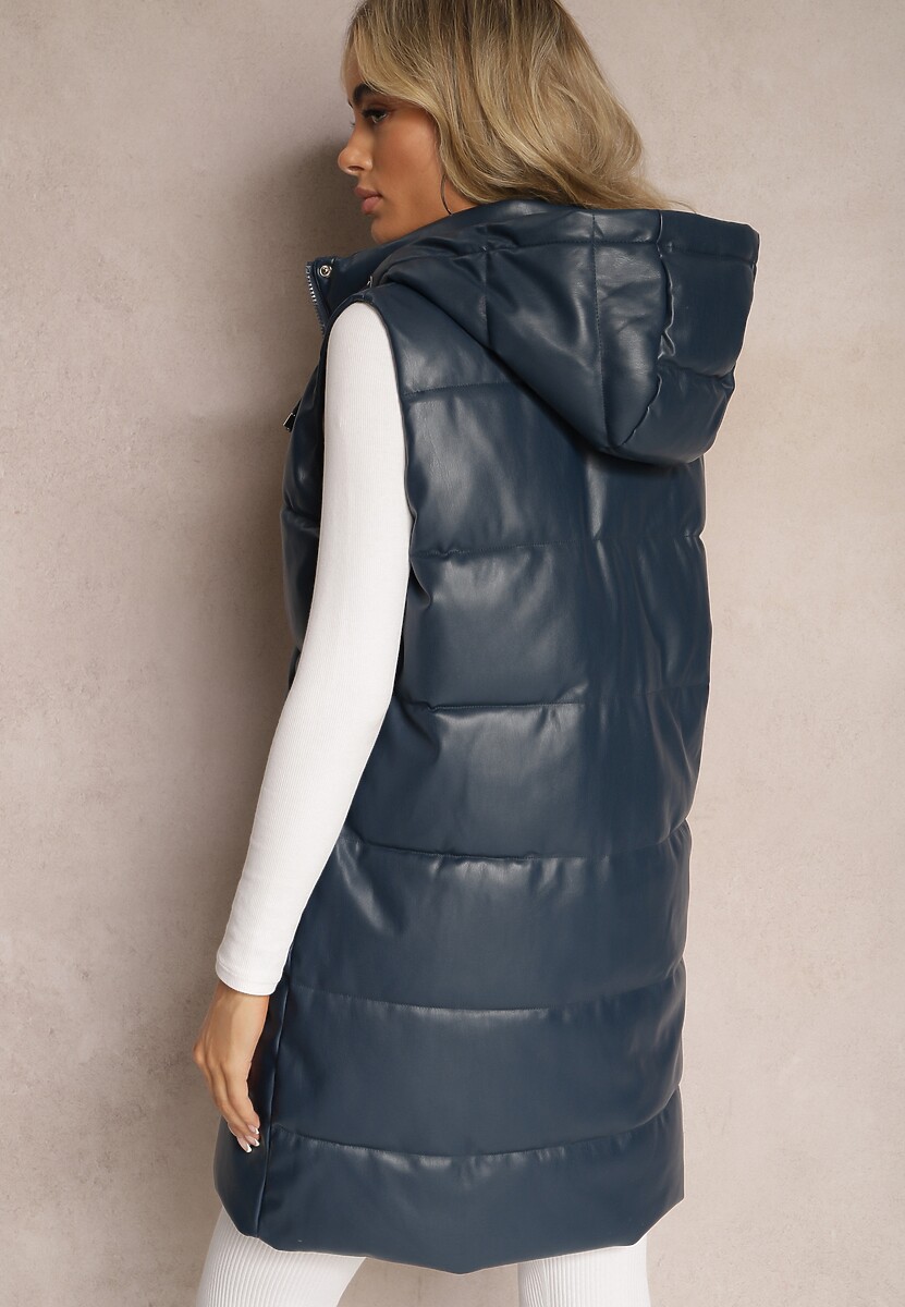 Granatowa Pikowana Kamizelka z Ekoskóry i Kapturem Palermia
