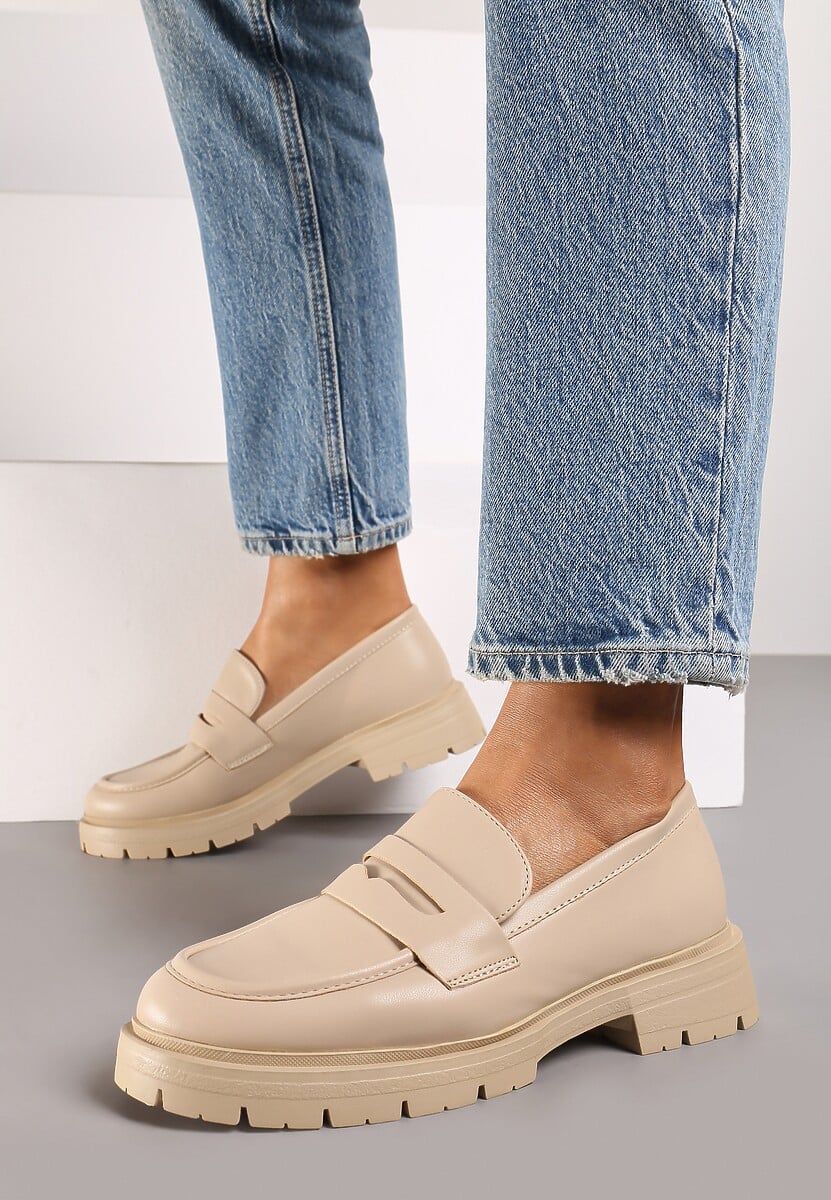 Beżowe Mokasyny na Platformie Ozdobione Paskiem Ilabine