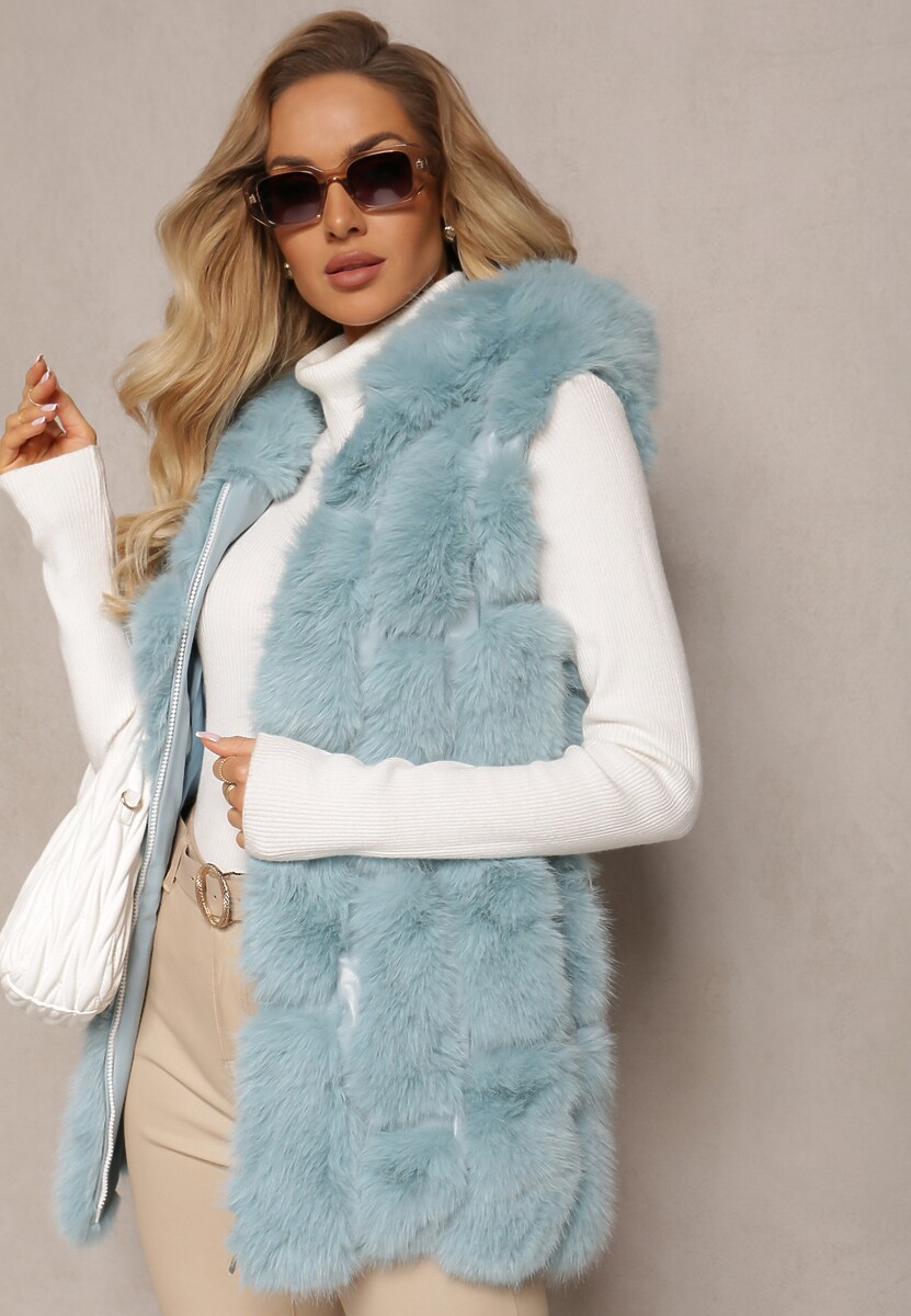 Żółta Futrzana Kamizelka z Kapturem Konessa