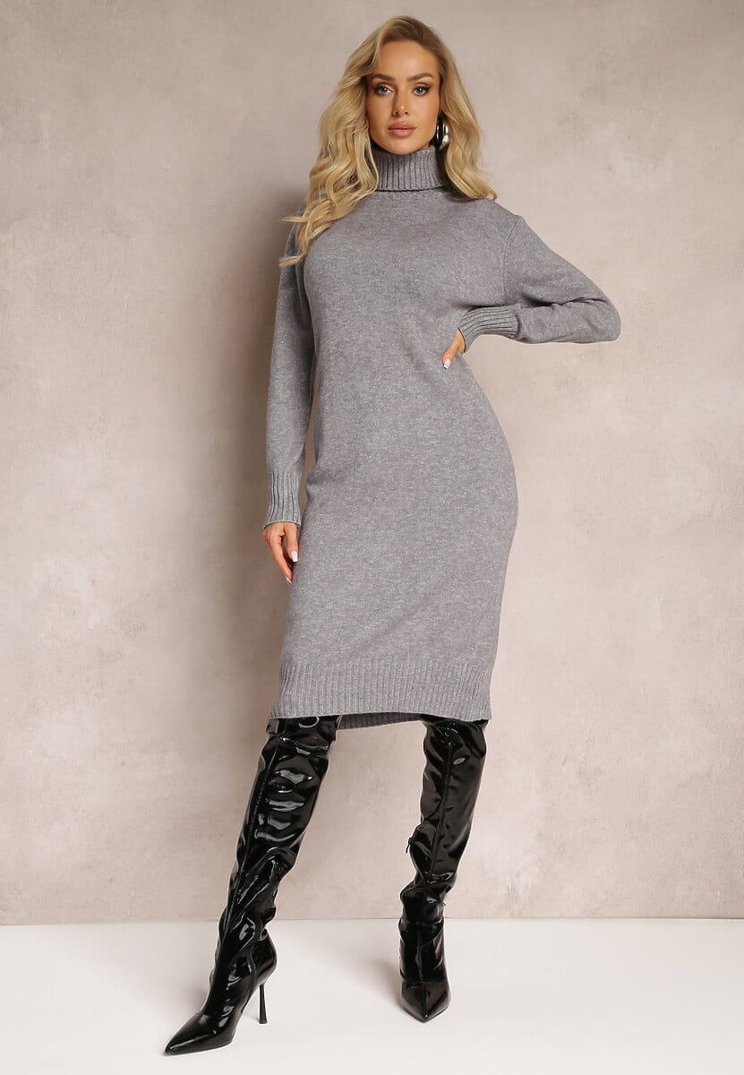 Szara Dzianinowa Sukienka z Golfem Pacienas