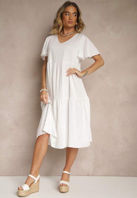 Biała Rozkloszowana Sukienka z Wiskozy z Dekoltem w Serek Natasella