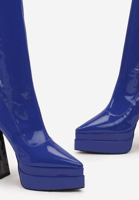 Niebieskie Kozaki z Lakierowanej Ekoskóry na Geometrycznym Słupku i Platformie Gliame