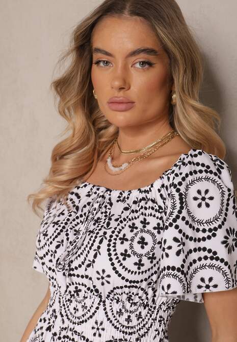 Czarno-Biała Sukienka o Rozkloszowanym Kroju z Bawełną w Abstrakcyjny Wzór Ldivena