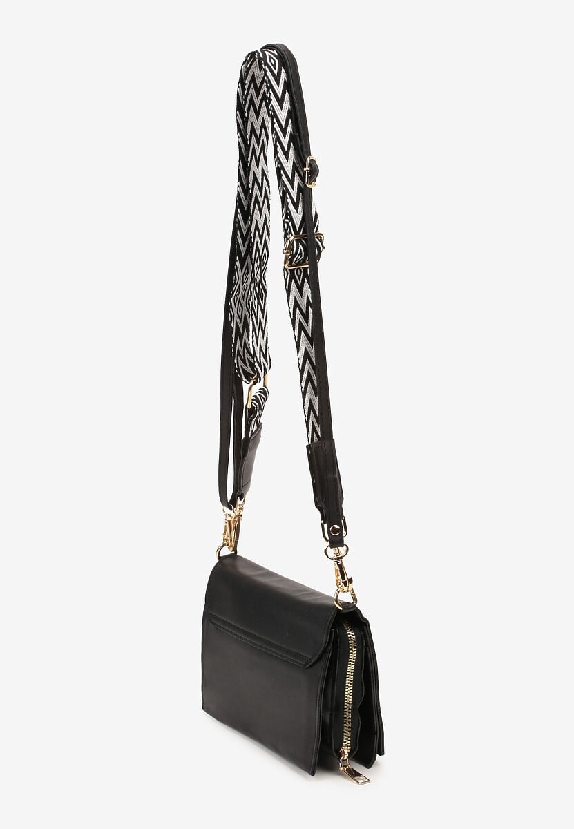 Czarna Elegancka Torebka Listonoszka z Trzema Komorami i Ozdobnym Pasem Izanami