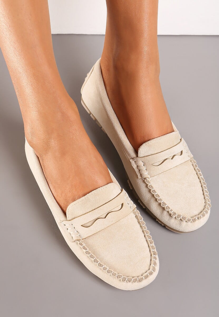 Beżowe Płaskie Mokasyny o Klasycznym Fasonie z Przeszyciem Wenniva