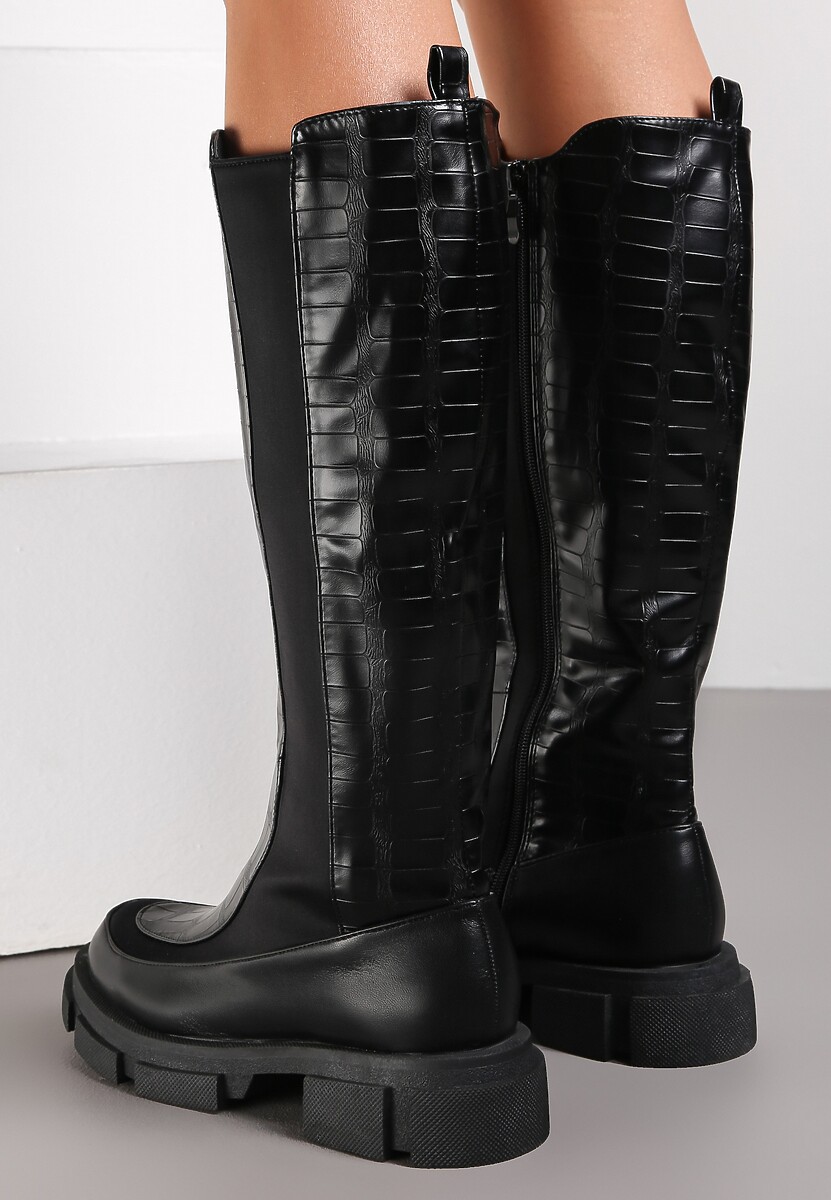 Czarne Kozaki na Grubej Podeszwie z Tłoczeniem Skóry Krokodyla Ombroce