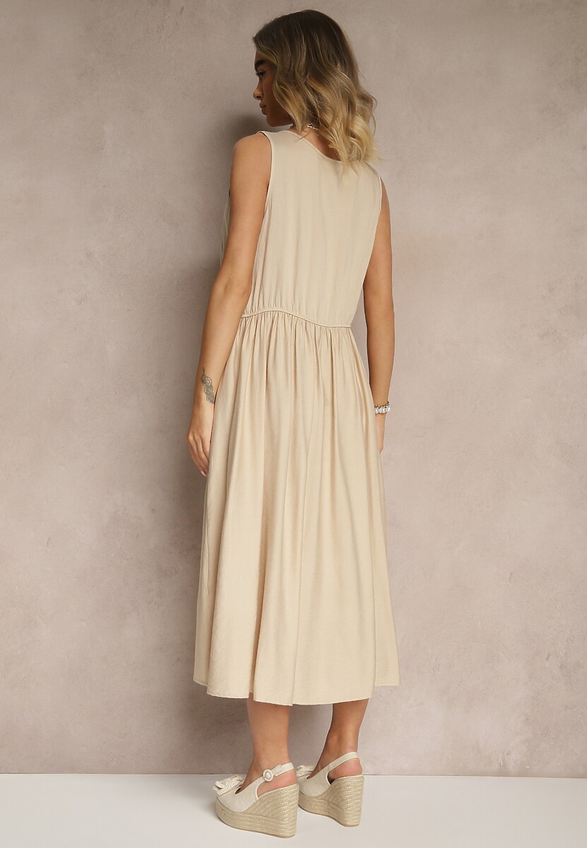 Beżowa Rozkloszowana Sukienka z Wiskozy Ozdobiona Guzikami Nataviela