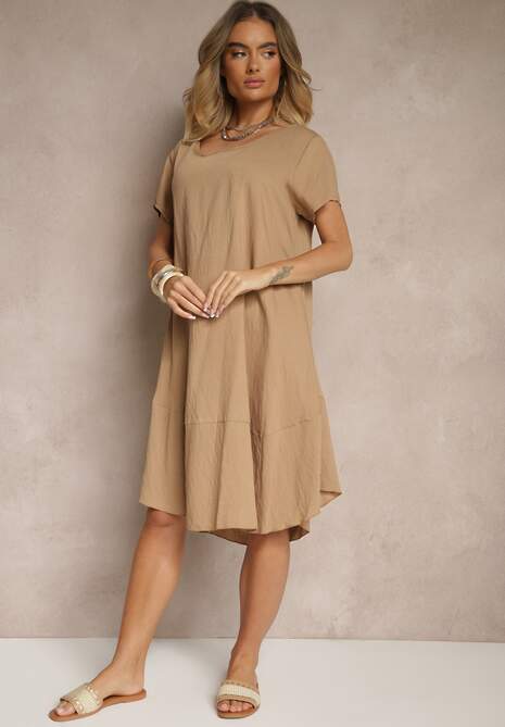 Ciemnobeżowa Sukienka z Wiskozy o Rozkloszowanym Kroju Irisena