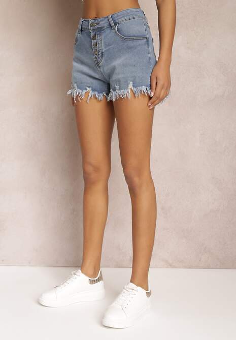 Jasnoniebieskie Szorty Jeansowe z Postrzępionymi Krawędziami i Guzikami Daenanea