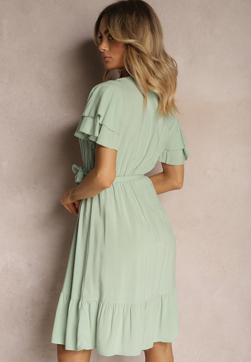 Zielona Bawełniana Sukienka o Rozkloszowanym Kroju z Falbanką i Gumką w Talii Zilpia