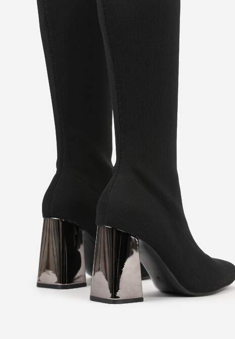 Czarne Skarpetkowe Kozaki VICES do Kolana na Metalicznym Słupku Rafenna