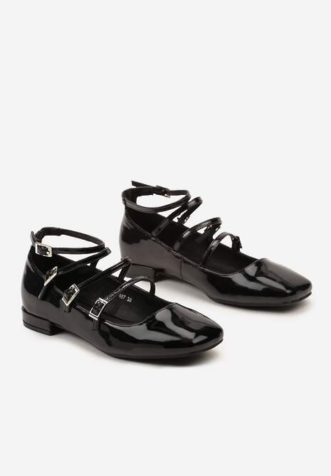 Czarne Balerinki z Paskami Zapinanymi na Sprzączki Prundia