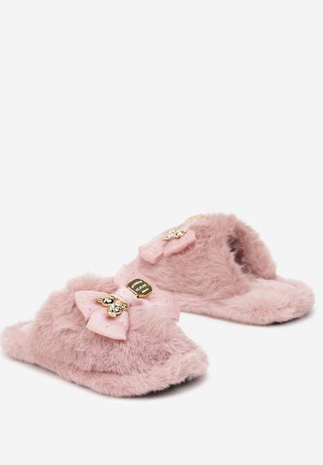 Ciemnoróżowe Kapcie z Futerkiem Zdobione Kokardą z Metalowymi Aplikacjami Filora