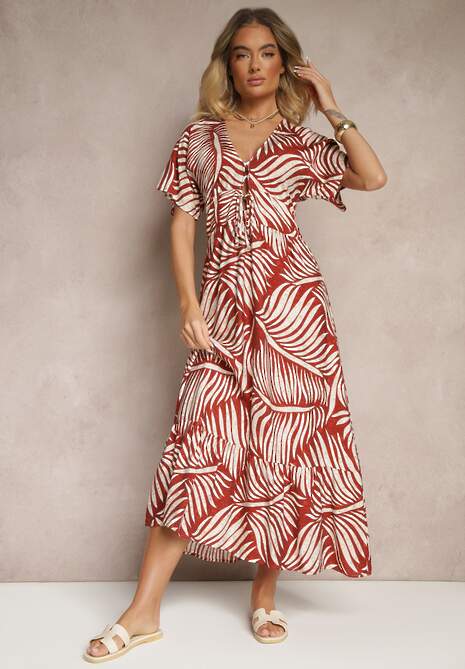 Czerwona Sukienka Wiskozowa o Rozkloszowanym Kroju w Liściasty Wzór Beledia