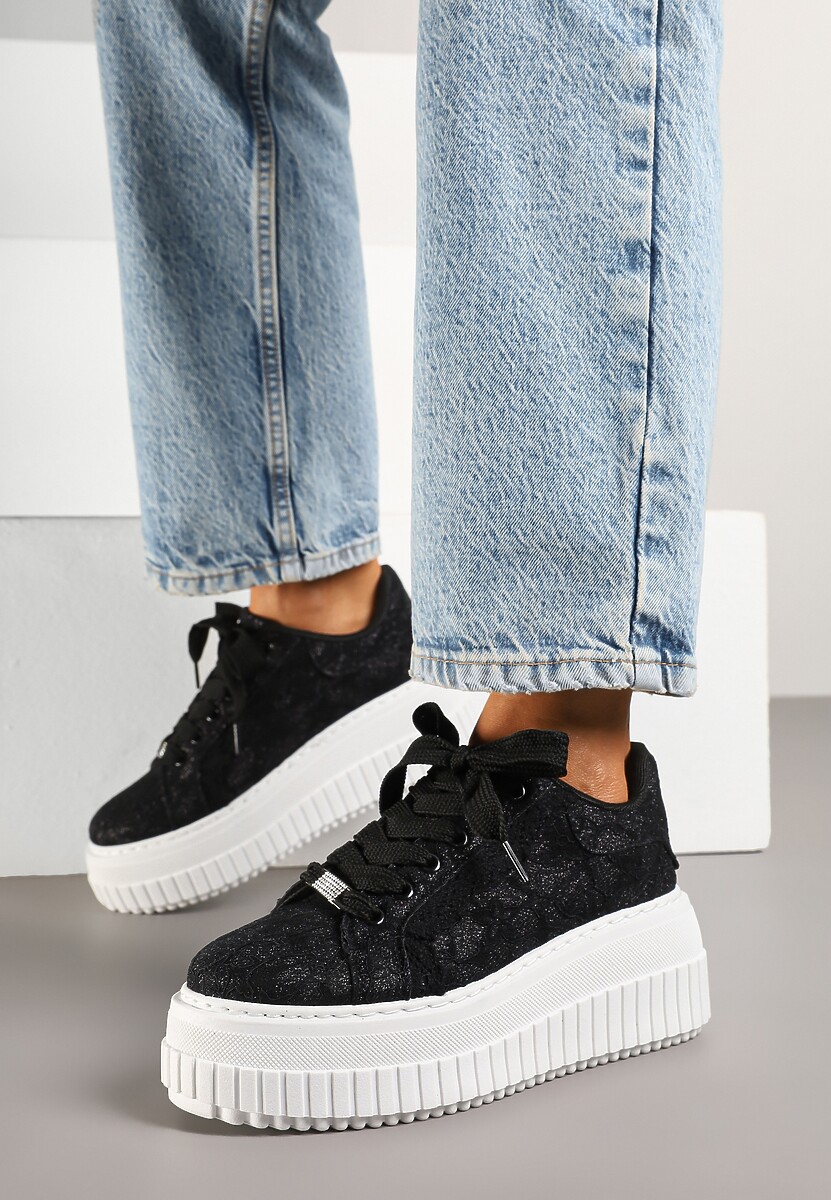 Czarne Sneakersy na Platformie Ozdobione Brokatem Tihisse